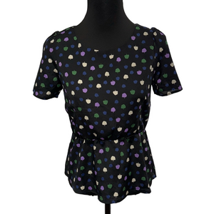 Freebird Womens Medium Black Blue Graphic Short Sleeve Peplum Blouse Top